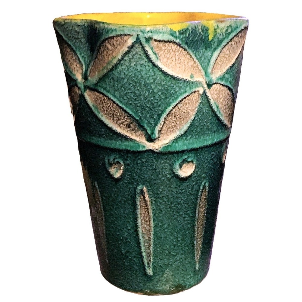 Vintage 1940s Pottery Vase – Glossy Teal, Textured Pods, Yellow Interior 8.5"